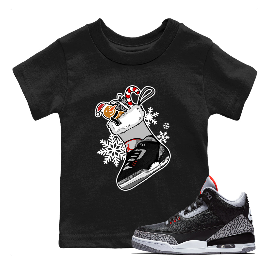 3s Black Cement shirts to match jordans Christmas Sneaker Stocking t shirts to match sneakers Air Jordan 3 OG Black Cement match shoes to clothes SNRT Sneaker Tees Youth Baby Black 1 tee