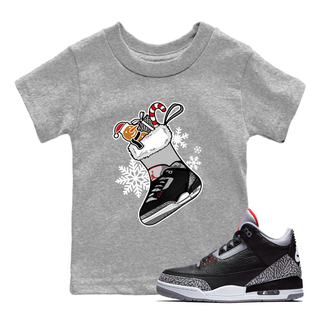 3s Black Cement shirts to match jordans Christmas Sneaker Stocking t shirts to match sneakers Air Jordan 3 OG Black Cement match shoes to clothes SNRT Sneaker Tees Youth Baby Heather Grey 1 tee