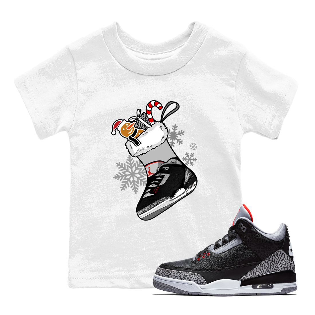 3s Black Cement shirts to match jordans Christmas Sneaker Stocking t shirts to match sneakers Air Jordan 3 OG Black Cement match shoes to clothes SNRT Sneaker Tees Youth Baby White 1 tee