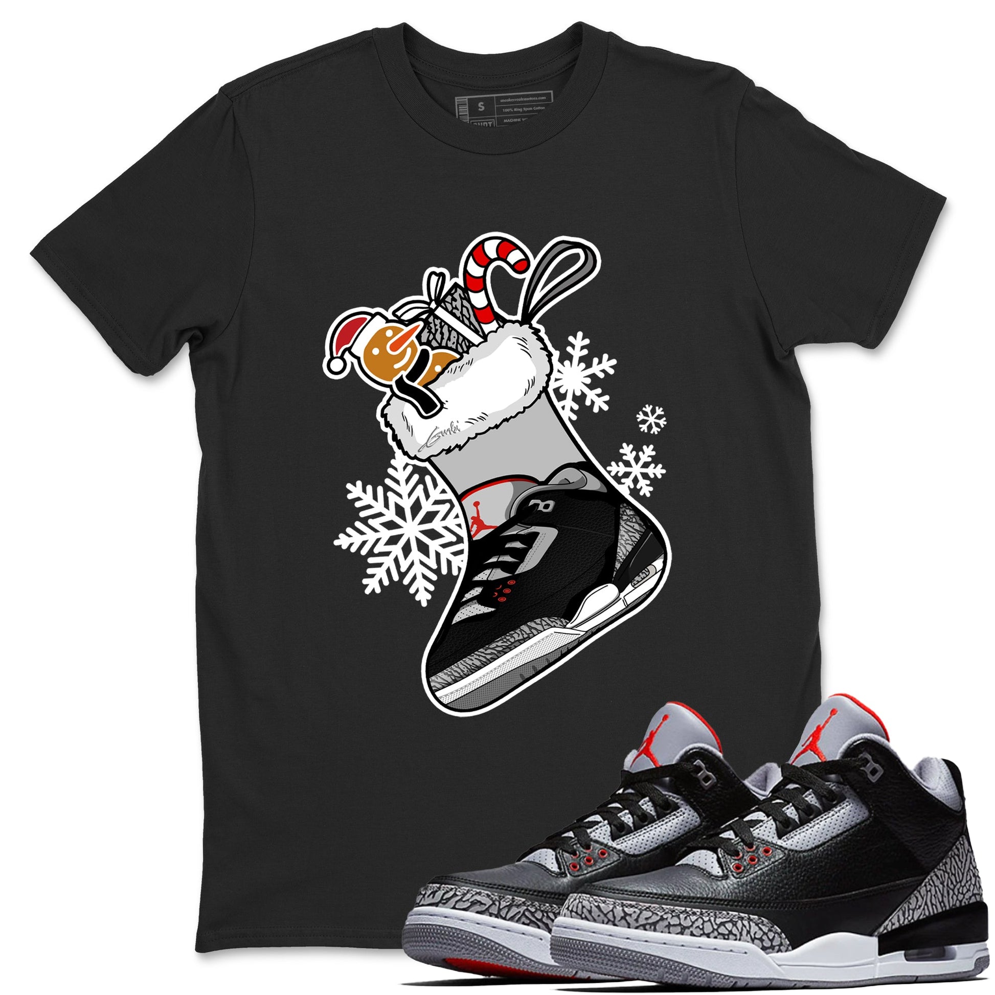 3s Black Cement shirts to match jordans Christmas Sneaker Stocking t shirts to match sneakers Air Jordan 3 OG Black Cement match shoes to clothes SNRT Sneaker Tees unisex cotton Black 1 shirts