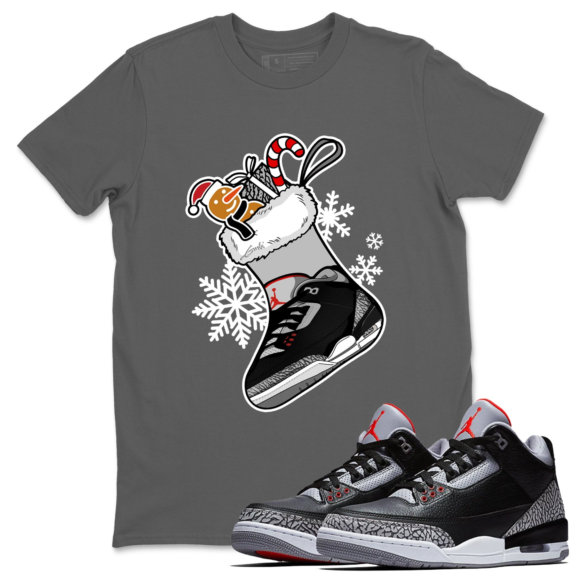 3s Black Cement shirts to match jordans Christmas Sneaker Stocking t shirts to match sneakers Air Jordan 3 OG Black Cement match shoes to clothes SNRT Sneaker Tees unisex cotton Cool Grey 1 shirts