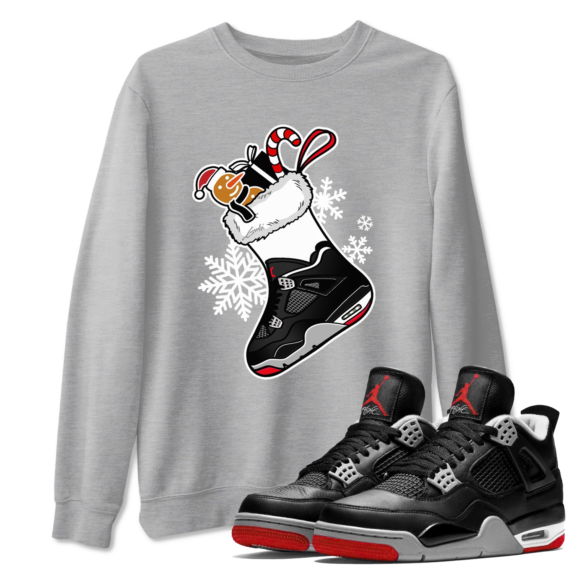 4s Bred Reimagined shirts to match jordans Christmas Sneaker Stocking t shirts to match sneakers Air Jordan 4 Retro Bred Reimagined match shoes to clothes SNRT Sneaker Tees unisex cotton Heather Grey 1 shirts