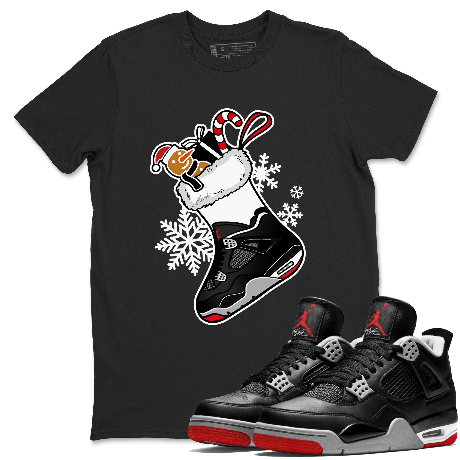 4s Bred Reimagined shirts to match jordans Christmas Sneaker Stocking t shirts to match sneakers Air Jordan 4 Retro Bred Reimagined match shoes to clothes SNRT Sneaker Tees unisex cotton Black 1 shirts