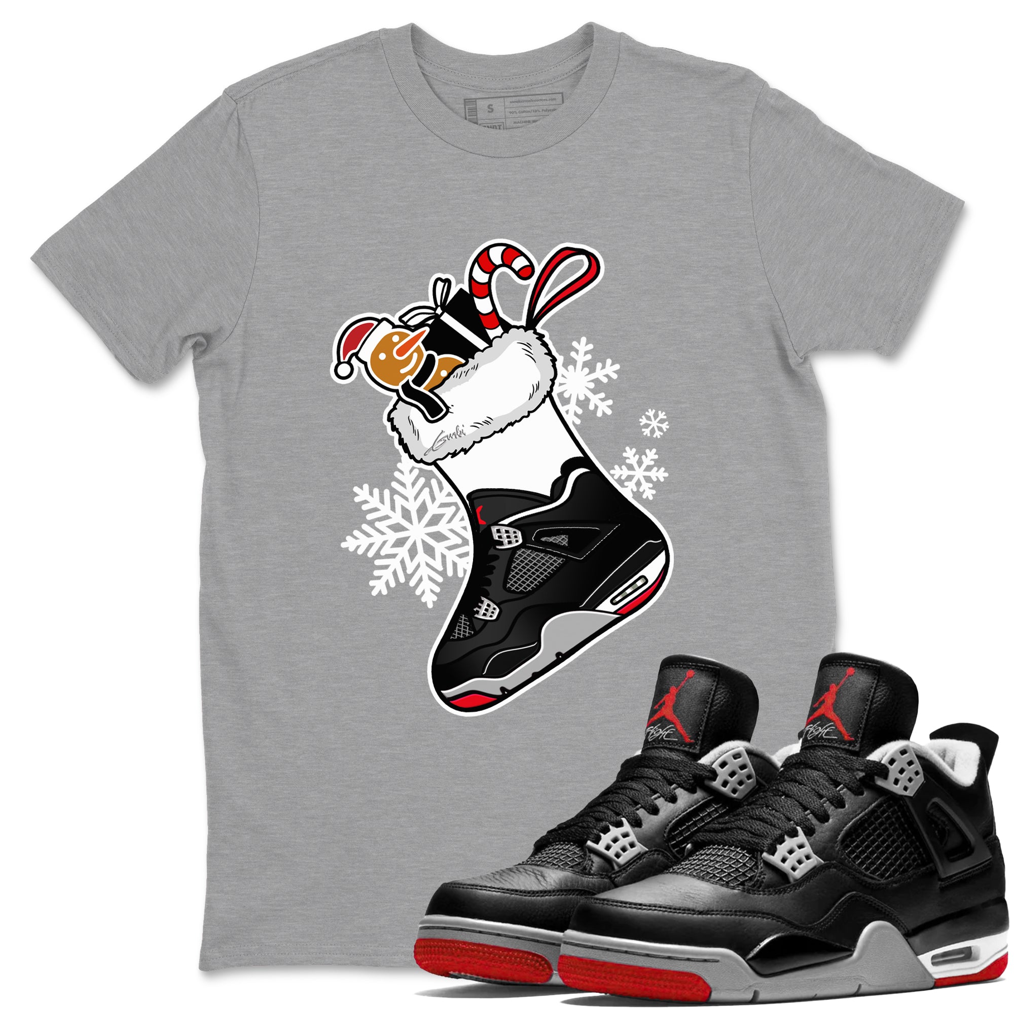 4s Bred Reimagined shirts to match jordans Christmas Sneaker Stocking t shirts to match sneakers Air Jordan 4 Retro Bred Reimagined match shoes to clothes SNRT Sneaker Tees unisex cotton Heather Grey 1 shirts