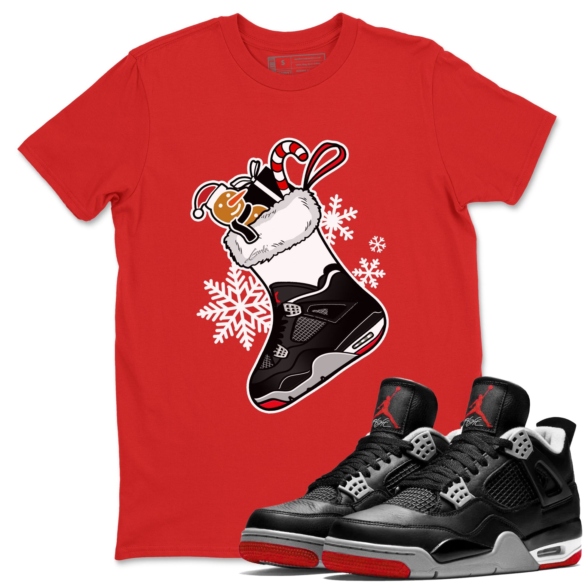 4s Bred Reimagined shirts to match jordans Christmas Sneaker Stocking t shirts to match sneakers Air Jordan 4 Retro Bred Reimagined match shoes to clothes SNRT Sneaker Tees unisex cotton Red 1 shirts
