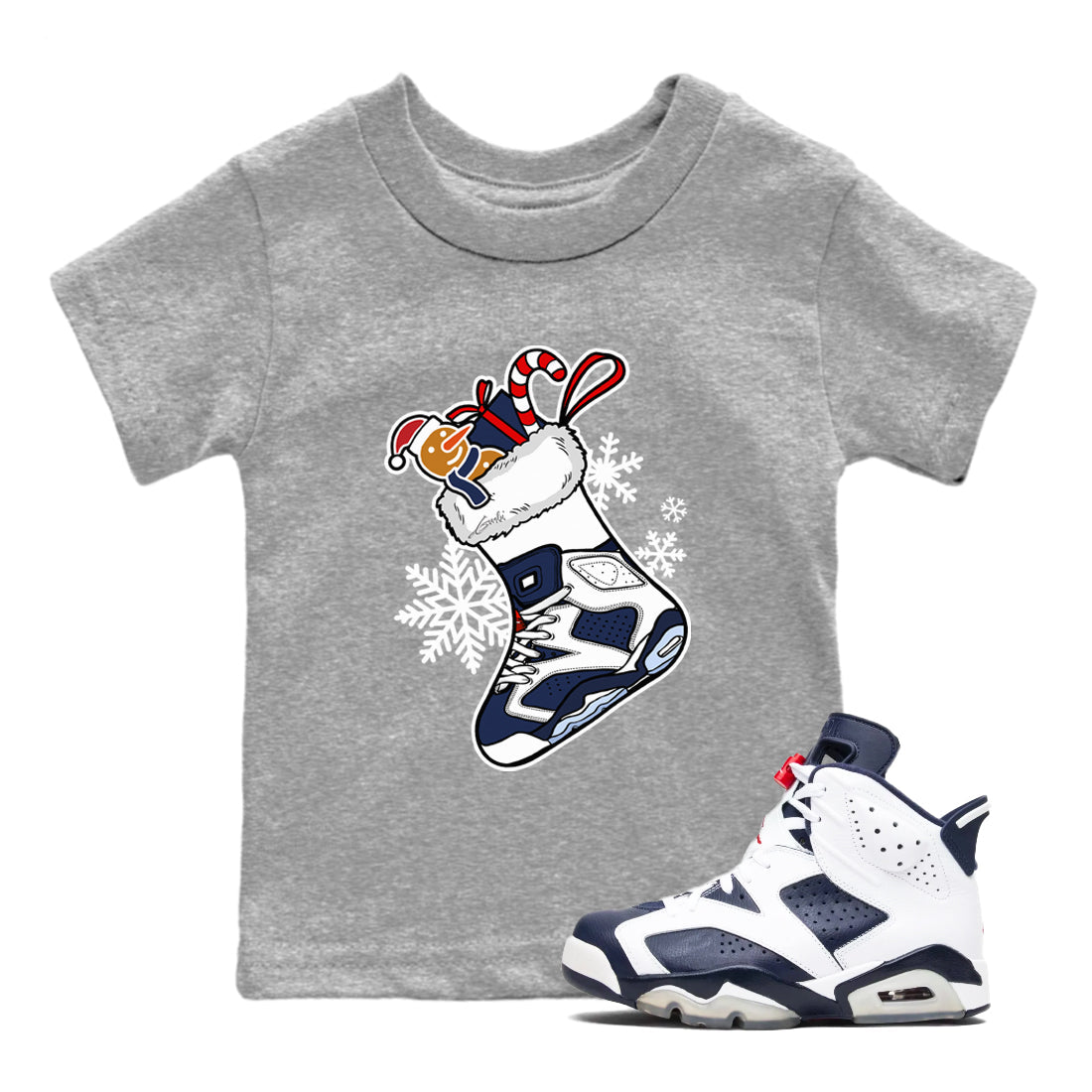 6s White And Midnight Navy shirts to match jordans Christmas Sneaker Stocking t shirts to match sneakers Air Jordan 6 Retro White And Midnight Navy match shoes to clothes SNRT Sneaker Tees Youth Baby Heather Grey 1 tee