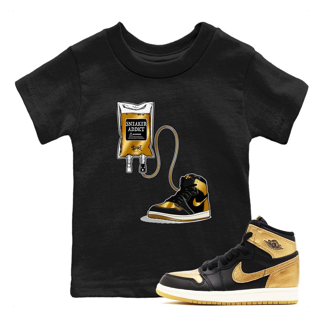 1s Black Metallic Gold shirts to match jordans Sneaker Therapy sneaker match tees Jordan 1 High OG Black and Gold SNRT Sneaker Release Tees Youth Baby Black 1 crew neck shirts
