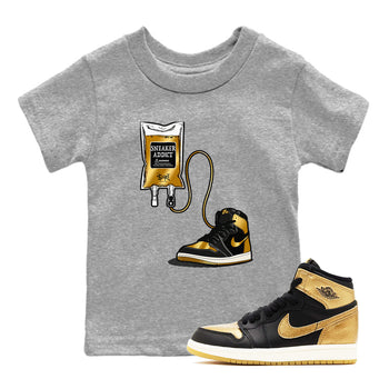 1s Black Metallic Gold shirts to match jordans Sneaker Therapy sneaker match tees Jordan 1 High OG Black and Gold SNRT Sneaker Release Tees Youth Baby Heather Grey 1 crew neck shirts