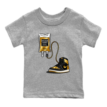 1s Black Metallic Gold shirts to match jordans Sneaker Therapy sneaker match tees Jordan 1 High OG Black and Gold SNRT Sneaker Release Tees Youth Baby Heather Grey 2 crew neck shirts