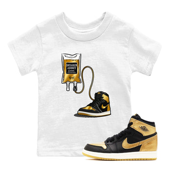1s Black Metallic Gold shirts to match jordans Sneaker Therapy sneaker match tees Jordan 1 High OG Black and Gold SNRT Sneaker Release Tees Youth Baby White 1 crew neck shirts