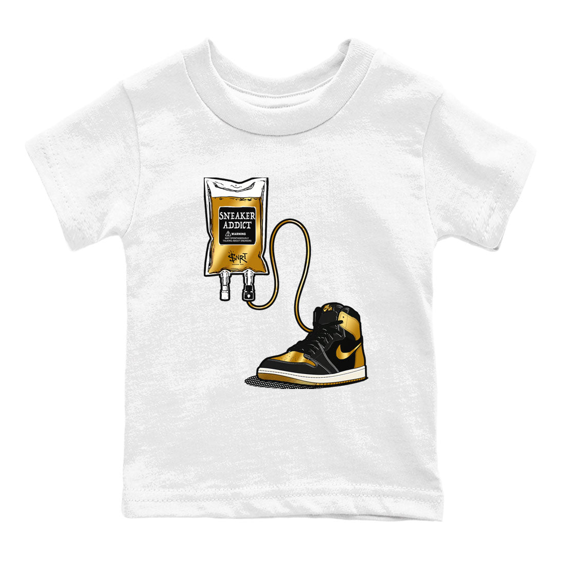 1s Black Metallic Gold shirts to match jordans Sneaker Therapy sneaker match tees Jordan 1 High OG Black and Gold SNRT Sneaker Release Tees Youth Baby White 2 crew neck shirts