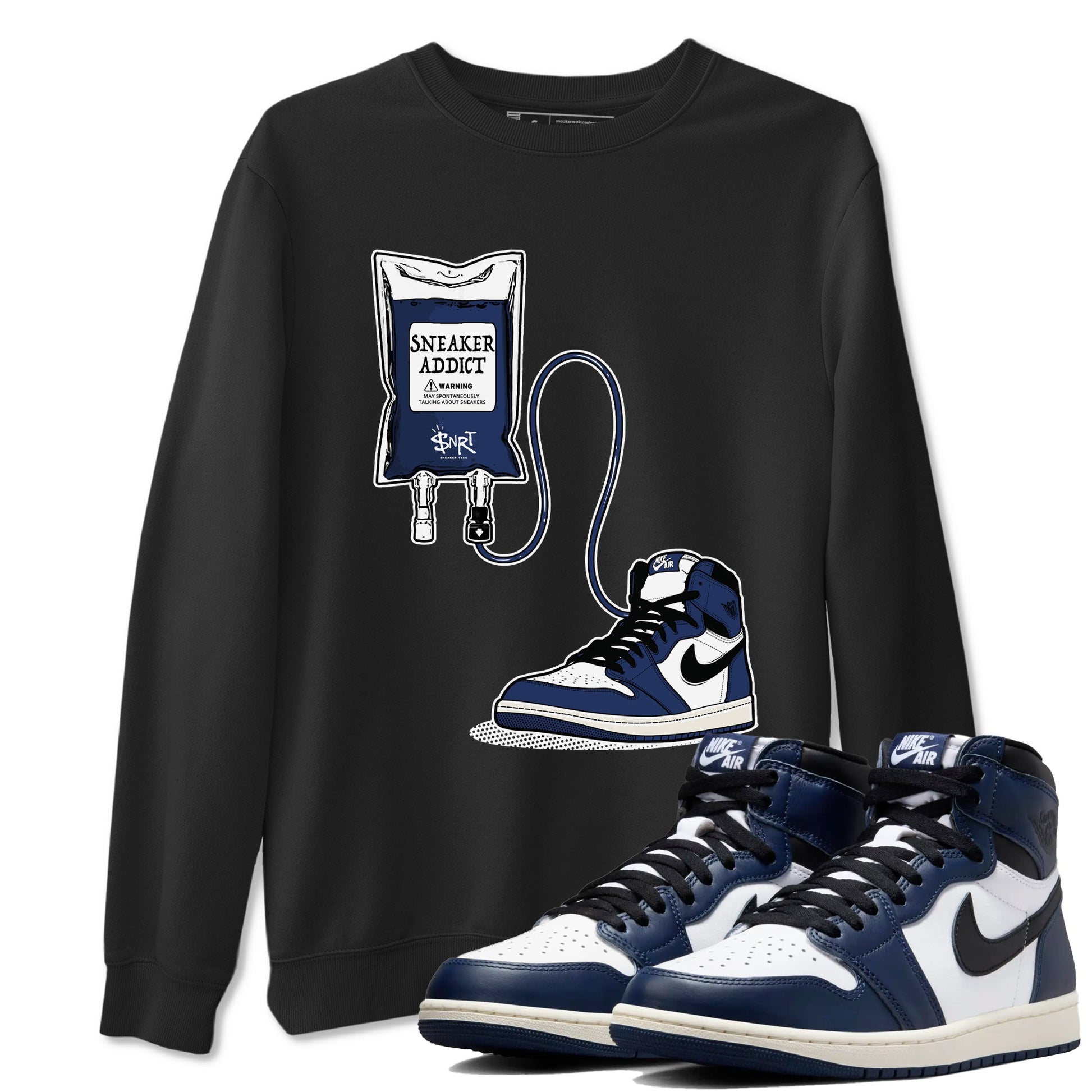 1s Midnight Navy shirts to match jordans Sneaker Therapy sneaker match tees Air Jordan 1 Midnight Navy match shoes to clothes SNRT Sneaker Tees unisex cotton Black 1 shirts