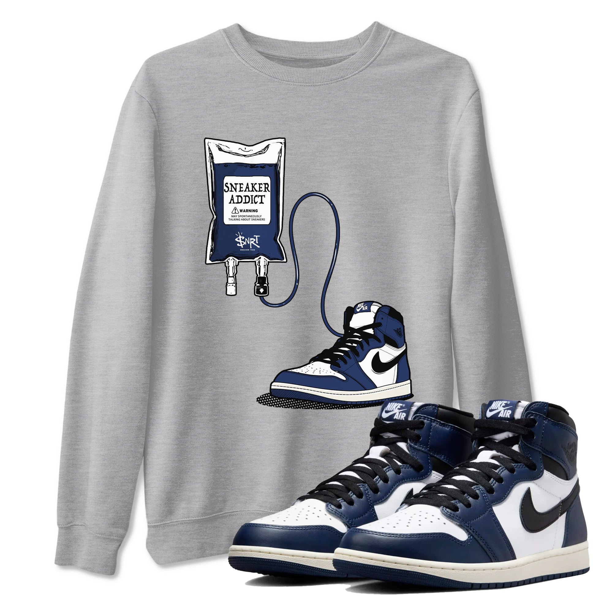 1s Midnight Navy shirts to match jordans Sneaker Therapy sneaker match tees Air Jordan 1 Midnight Navy match shoes to clothes SNRT Sneaker Tees unisex cotton Heather Grey 1 shirts