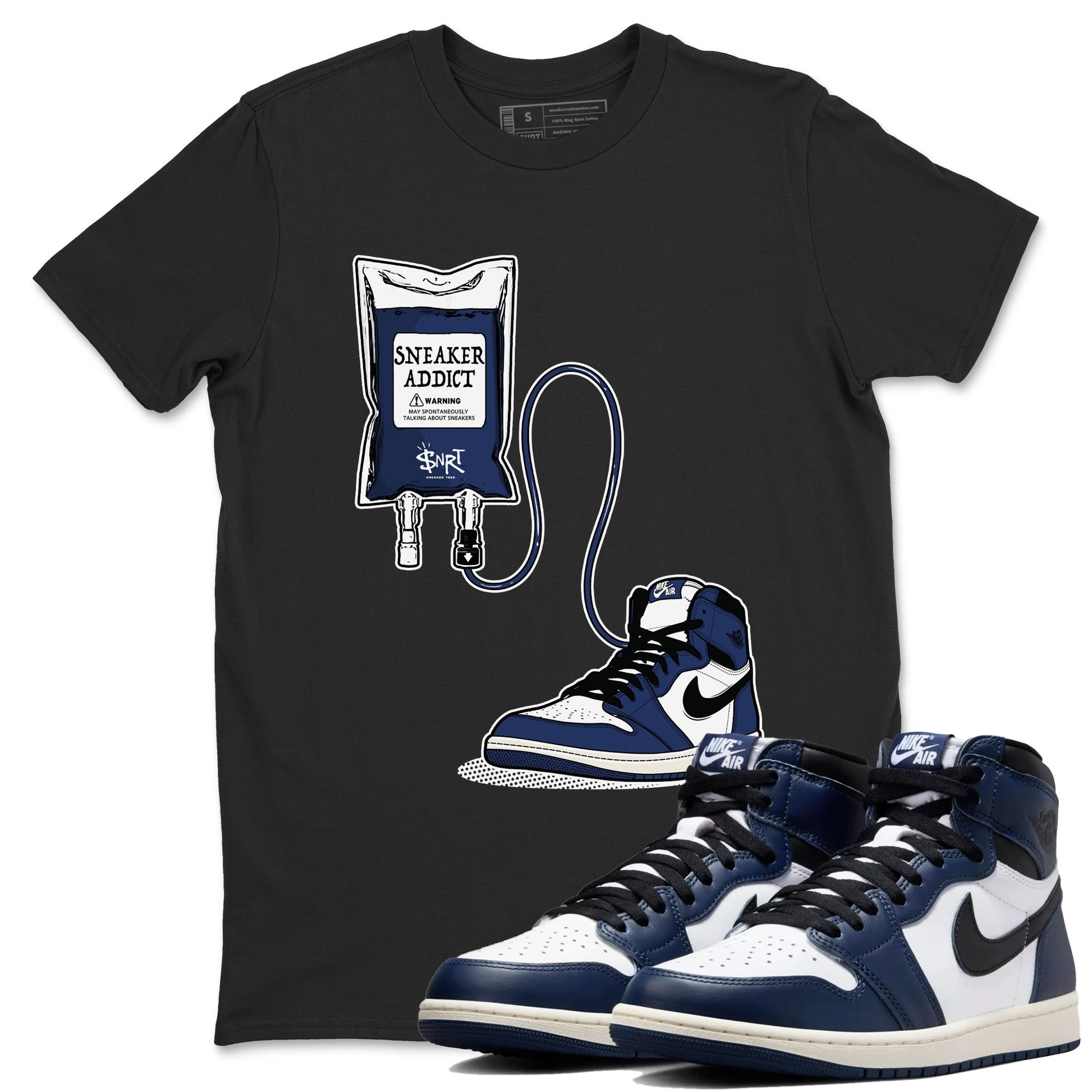 1s Midnight Navy shirts to match jordans Sneaker Therapy sneaker match tees Air Jordan 1 Midnight Navy match shoes to clothes SNRT Sneaker Tees unisex cotton Black 1 shirts