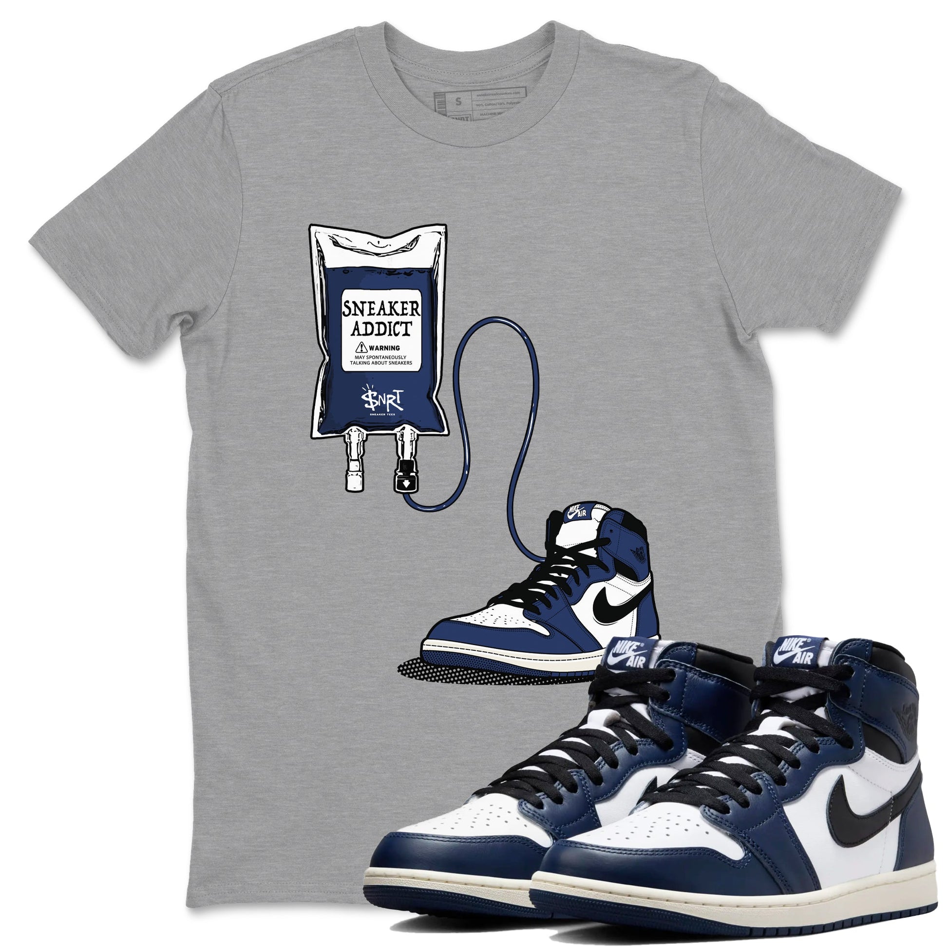 1s Midnight Navy shirts to match jordans Sneaker Therapy sneaker match tees Air Jordan 1 Midnight Navy match shoes to clothes SNRT Sneaker Tees unisex cotton Heather Grey 1 shirts