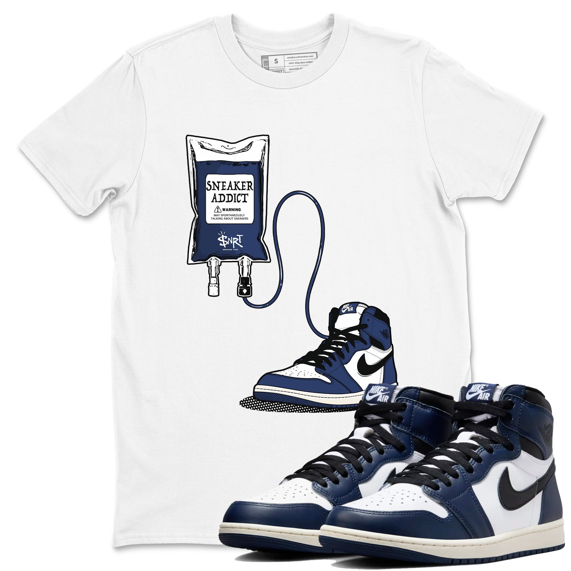 1s Midnight Navy shirts to match jordans Sneaker Therapy sneaker match tees Air Jordan 1 Midnight Navy match shoes to clothes SNRT Sneaker Tees unisex cotton White 1 shirts