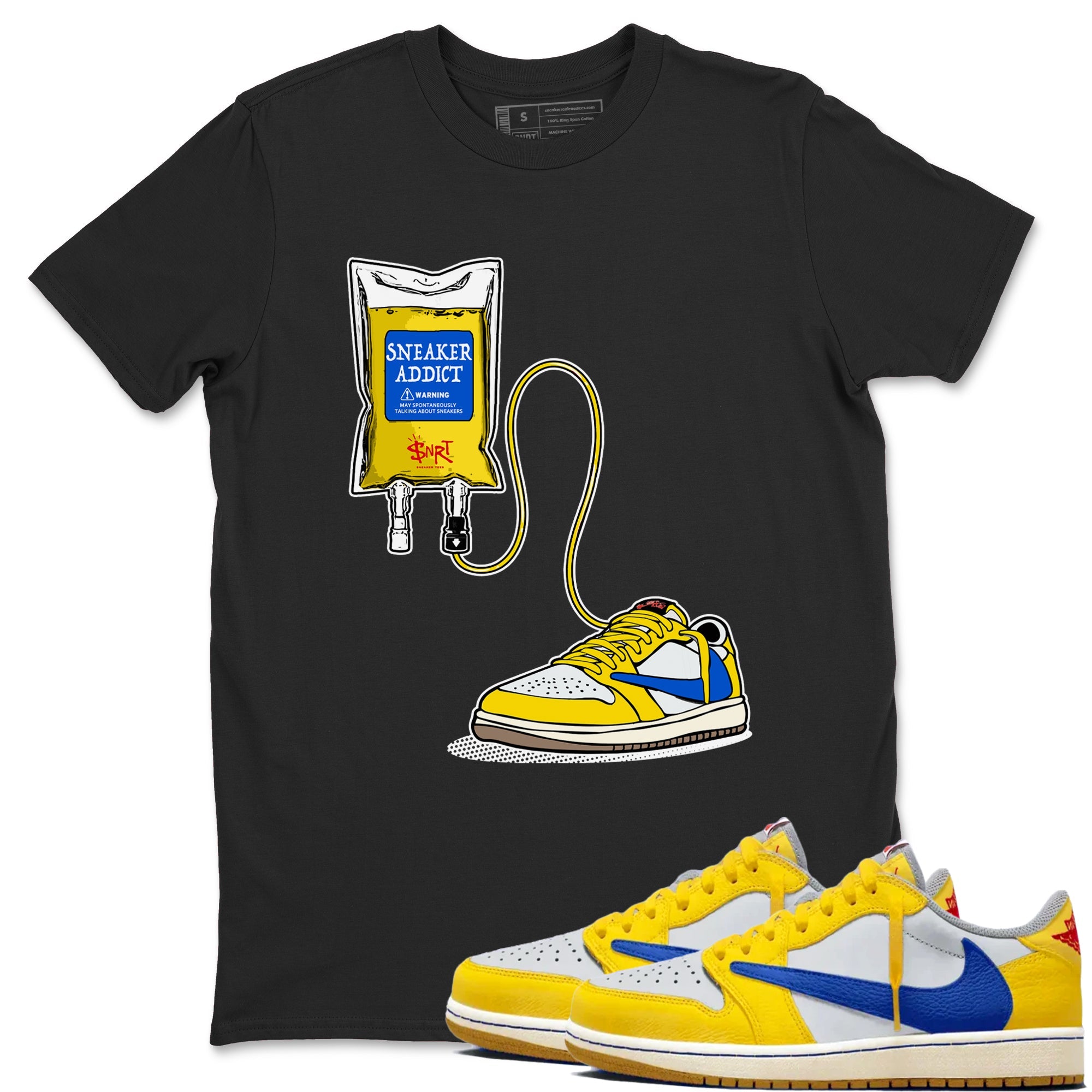 1s Travis Scott Canary shirts to match jordans Sneaker Therapy sneaker match tees Air Jordan 1 Travis Scott Canary SNRT Sneaker Release Tees unisex cotton Black 1 crew neck shirts