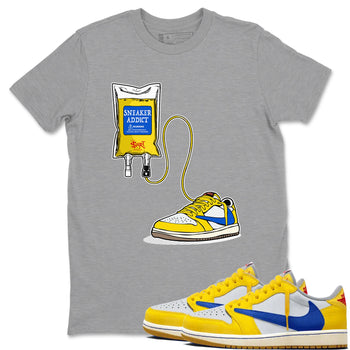 1s Travis Scott Canary shirts to match jordans Sneaker Therapy sneaker match tees Air Jordan 1 Travis Scott Canary SNRT Sneaker Release Tees unisex cotton Heather Grey 1 crew neck shirts