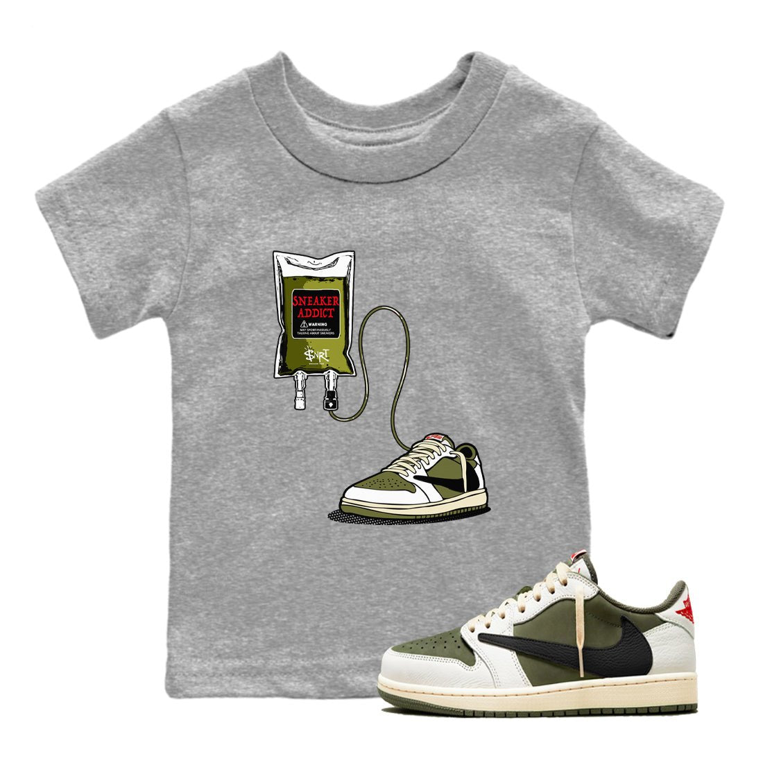 1s Travis Scott Medium Olive shirts to match jordans Sneaker Therapy sneaker match tees Air Jordan 1 Travis Scott Medium Olive SNRT Sneaker Release Tees Youth Baby Heather Grey 1 crew neck shirts