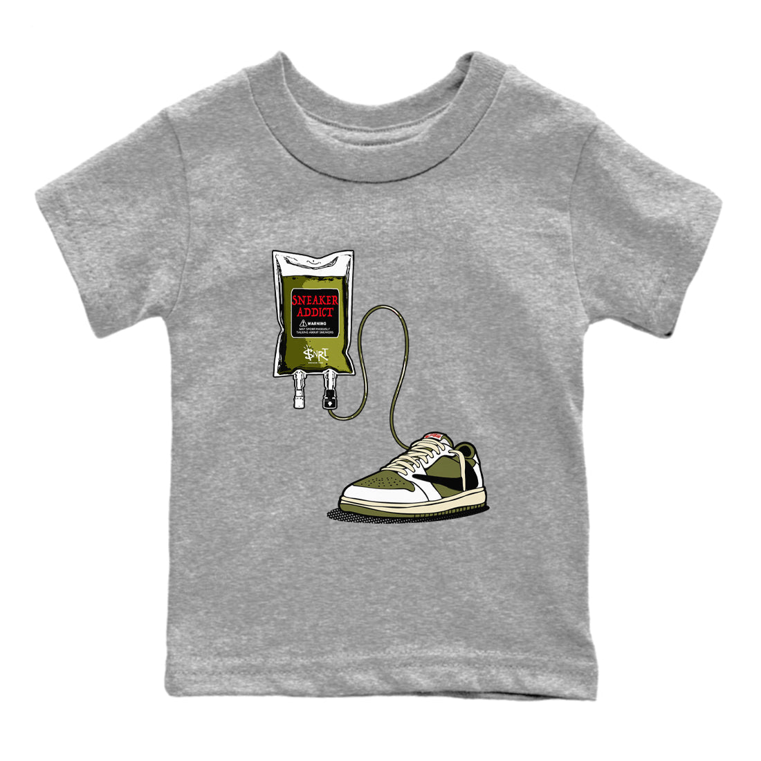 1s Travis Scott Medium Olive shirts to match jordans Sneaker Therapy sneaker match tees Air Jordan 1 Travis Scott Medium Olive SNRT Sneaker Release Tees Youth Baby Heather Grey 2 crew neck shirts