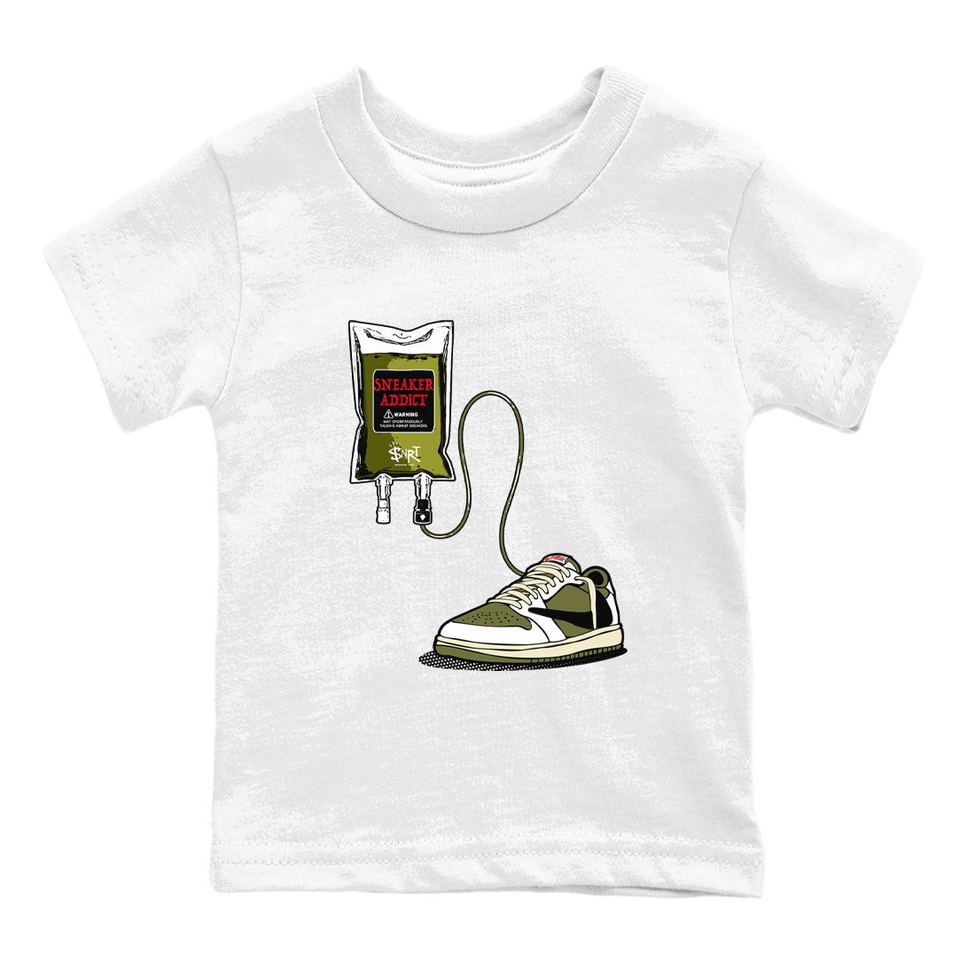 1s Travis Scott Medium Olive shirts to match jordans Sneaker Therapy sneaker match tees Air Jordan 1 Travis Scott Medium Olive SNRT Sneaker Release Tees Youth Baby White 2 crew neck shirts