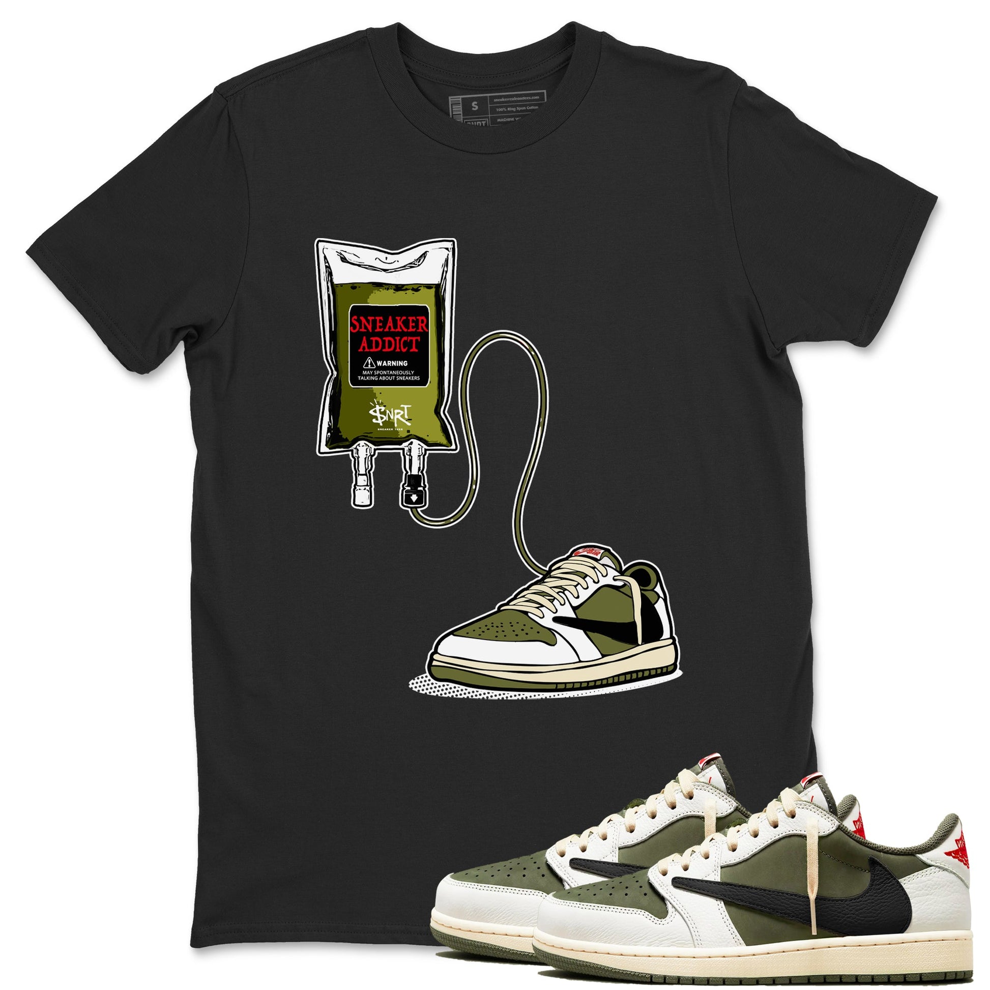 1s Travis Scott Medium Olive shirts to match jordans Sneaker Therapy sneaker match tees Air Jordan 1 Travis Scott Medium Olive SNRT Sneaker Release Tees unisex cotton Black 1 crew neck shirts