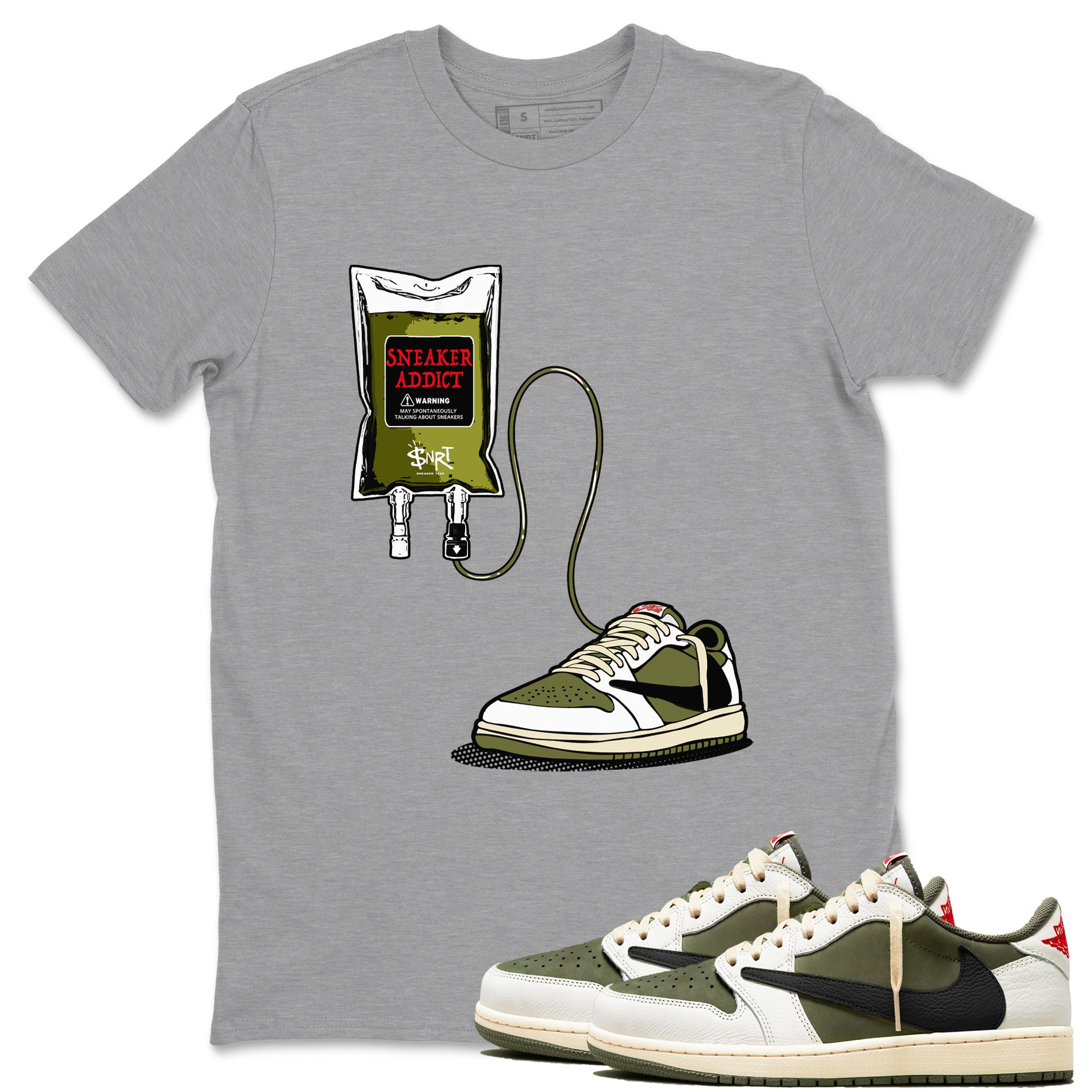 1s Travis Scott Medium Olive shirts to match jordans Sneaker Therapy sneaker match tees Air Jordan 1 Travis Scott Medium Olive SNRT Sneaker Release Tees unisex cotton Heather Grey 1 crew neck shirts