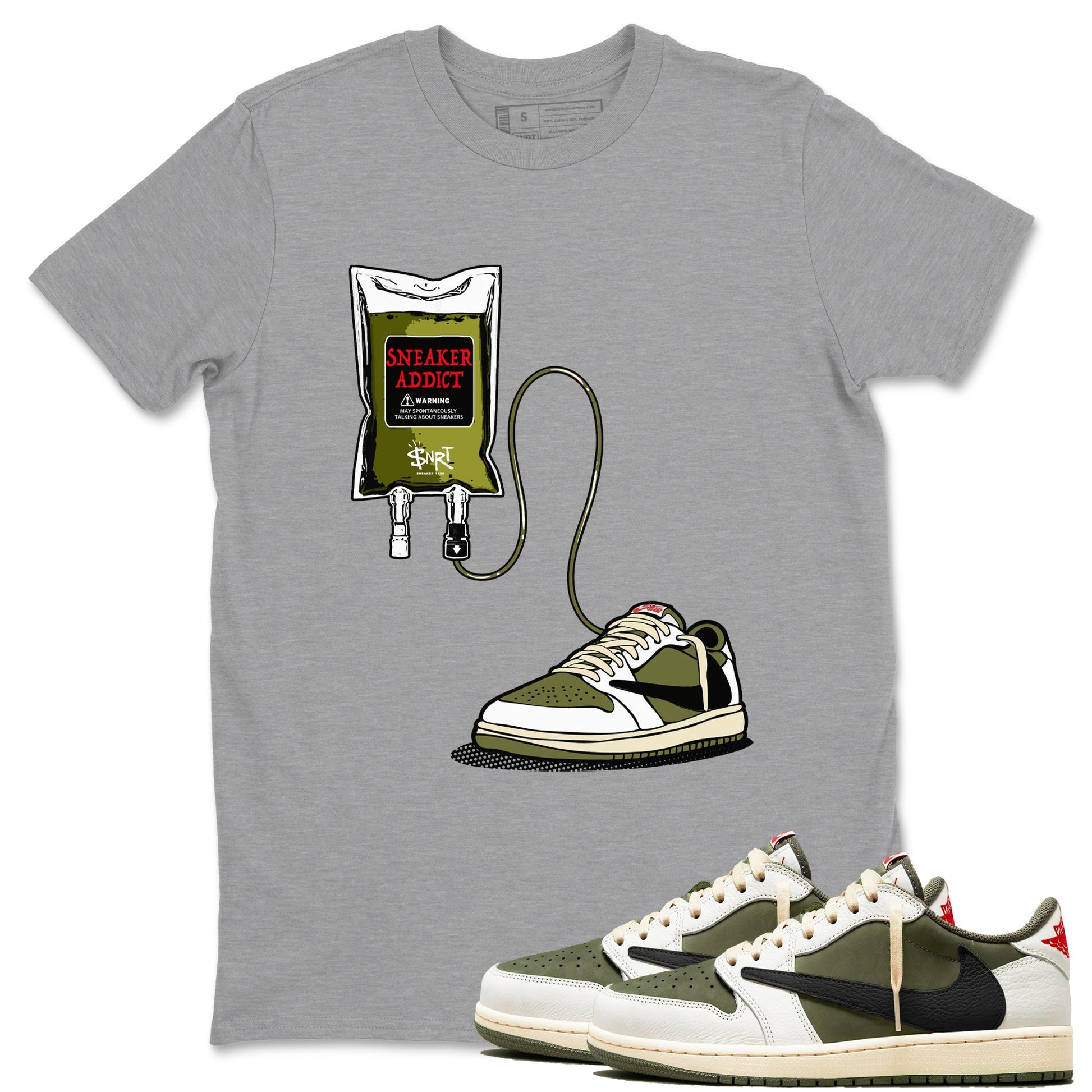 1s Travis Scott Medium Olive shirts to match jordans Sneaker Therapy sneaker match tees Air Jordan 1 Travis Scott Medium Olive SNRT Sneaker Release Tees unisex cotton Heather Grey 1 crew neck shirts