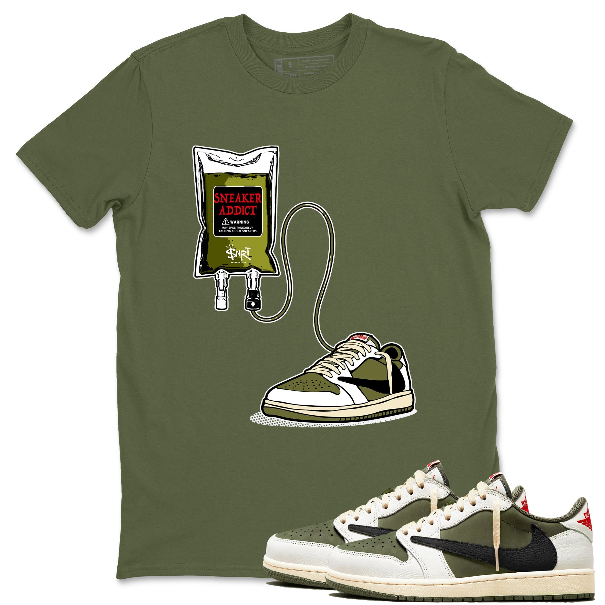 1s Travis Scott Medium Olive shirts to match jordans Sneaker Therapy sneaker match tees Air Jordan 1 Travis Scott Medium Olive SNRT Sneaker Release Tees unisex cotton Military Green 1 crew neck shirts