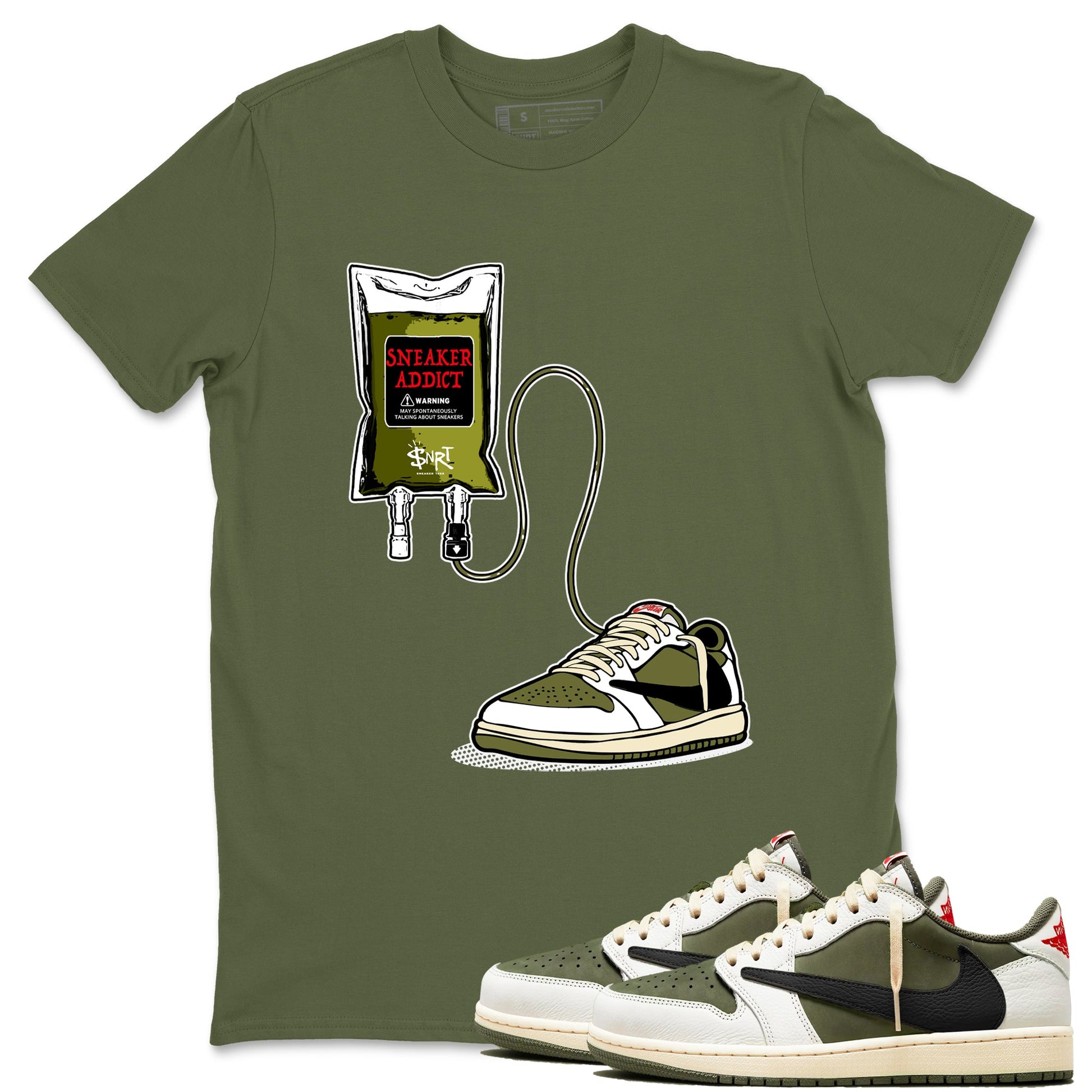 1s Travis Scott Medium Olive shirts to match jordans Sneaker Therapy sneaker match tees Air Jordan 1 Travis Scott Medium Olive SNRT Sneaker Release Tees unisex cotton Military Green 1 crew neck shirts