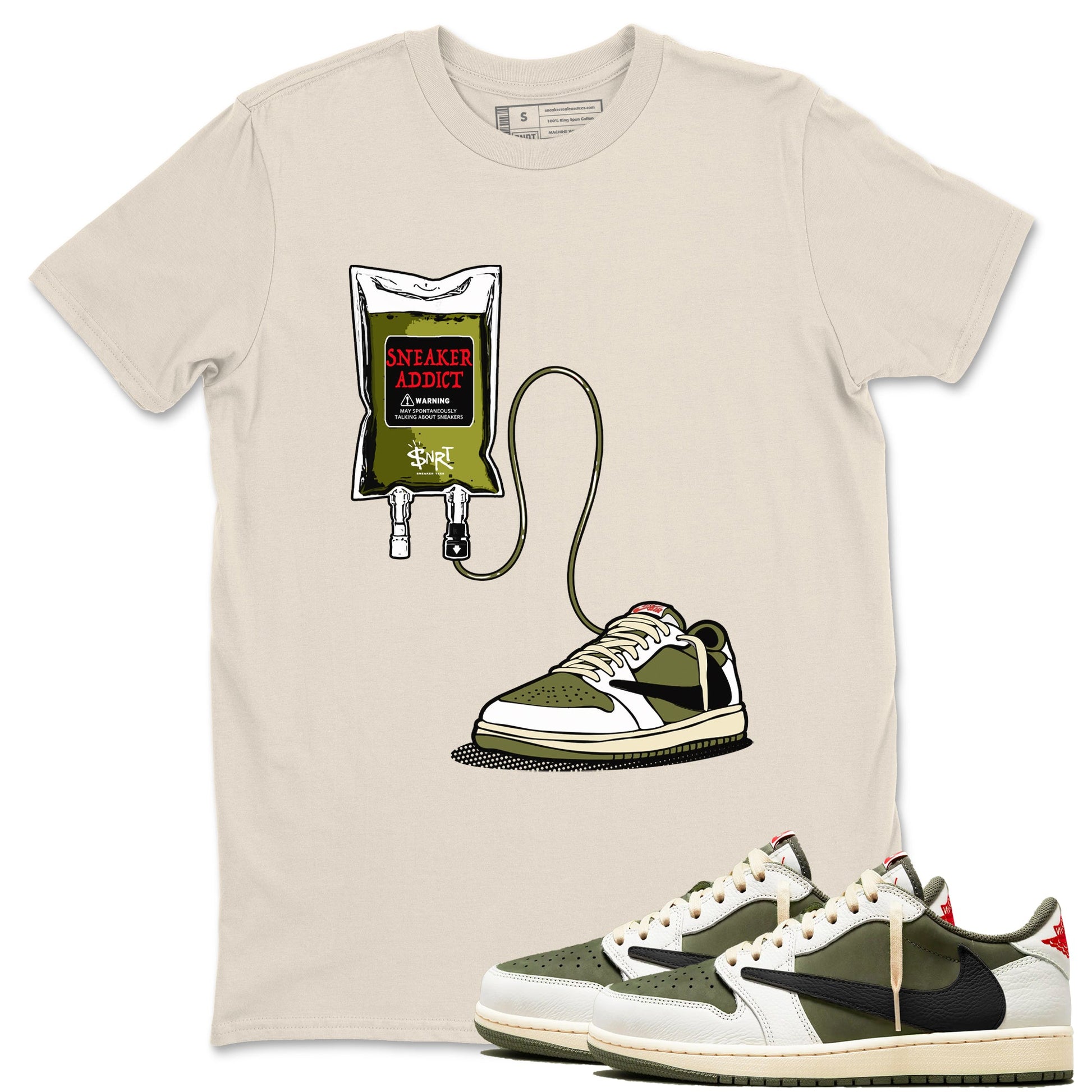 1s Travis Scott Medium Olive shirts to match jordans Sneaker Therapy sneaker match tees Air Jordan 1 Travis Scott Medium Olive SNRT Sneaker Release Tees unisex cotton Natural 1 crew neck shirts