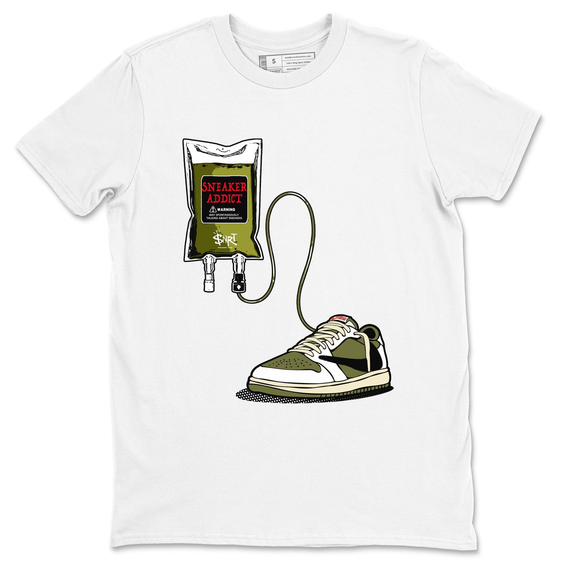 1s Travis Scott Medium Olive shirts to match jordans Sneaker Therapy sneaker match tees Air Jordan 1 Travis Scott Medium Olive SNRT Sneaker Release Tees unisex cotton White 2 crew neck shirts