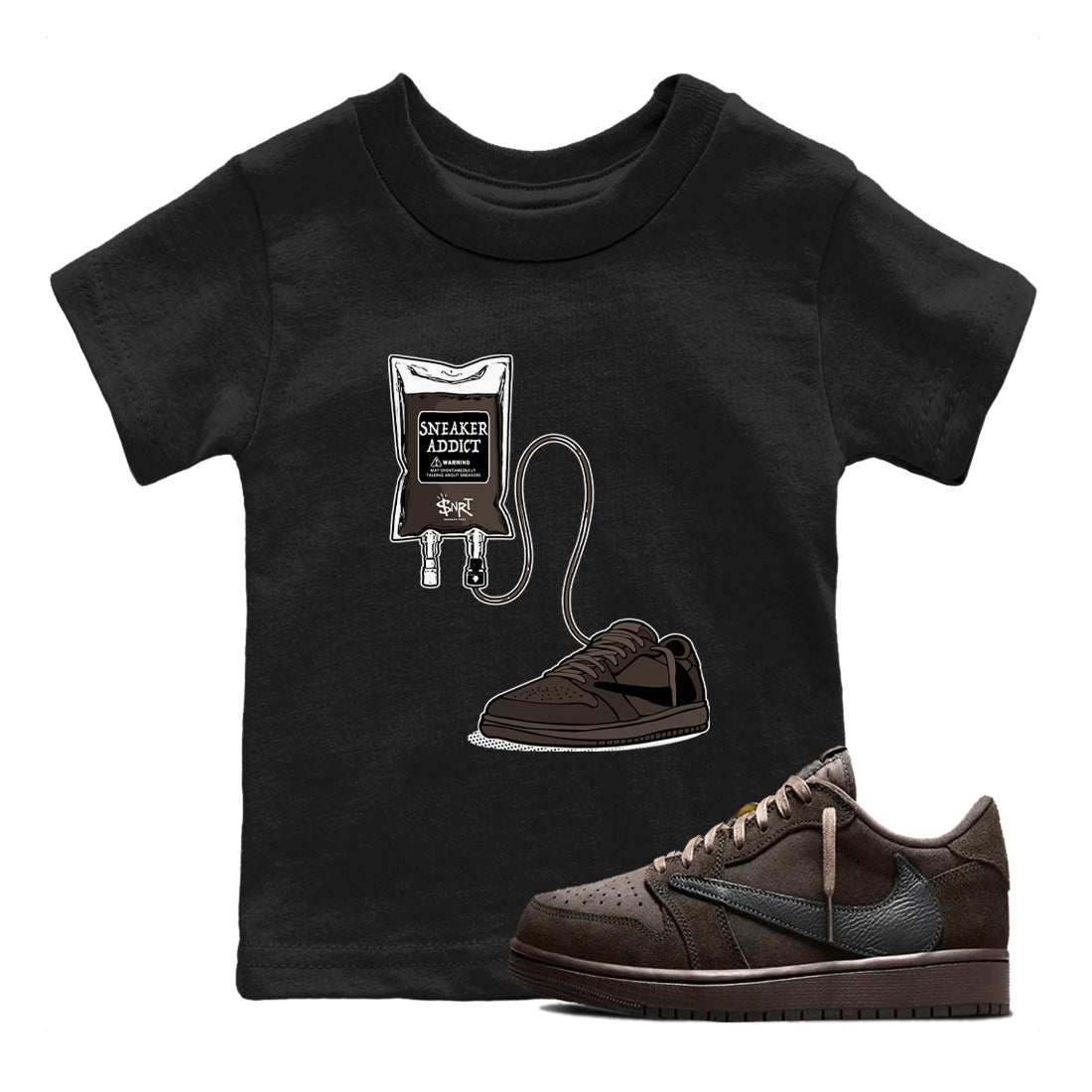 1s Travis Scott Velvet Brown shirts to match jordans Sneaker Therapy best t shirts to wear with jordans Travis Scott x Air Jordan 1 Low OG Velvet Brown match shoes to clothes SNRT Sneaker Tees Youth Baby Black 1 tee
