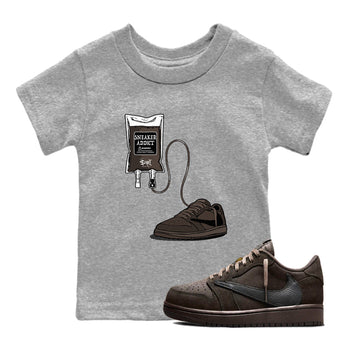 1s Travis Scott Velvet Brown shirts to match jordans Sneaker Therapy best t shirts to wear with jordans Travis Scott x Air Jordan 1 Low OG Velvet Brown match shoes to clothes SNRT Sneaker Tees Youth Baby Heather Grey 1 tee