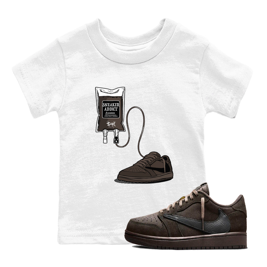 1s Travis Scott Velvet Brown shirts to match jordans Sneaker Therapy best t shirts to wear with jordans Travis Scott x Air Jordan 1 Low OG Velvet Brown match shoes to clothes SNRT Sneaker Tees Youth Baby White 1 tee
