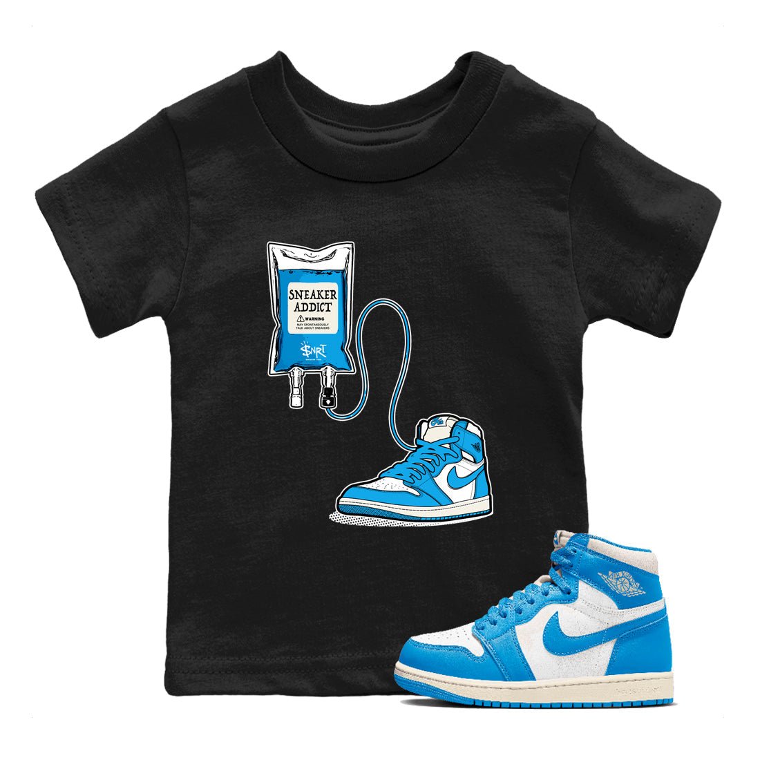 1s High OG UNC Reimagined shirts to match jordans Sneaker Therapy graphic tees Air Jordan 1 UNC Reimagined match shoes to clothes SNRT Sneaker Tees Youth Baby Black 1 tee