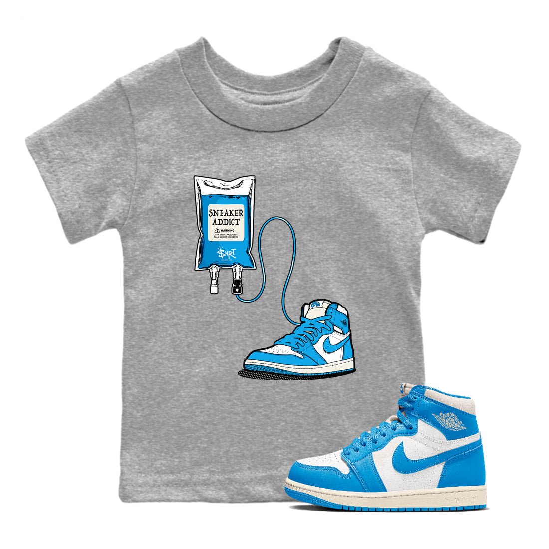 1s High OG UNC Reimagined shirts to match jordans Sneaker Therapy graphic tees Air Jordan 1 UNC Reimagined match shoes to clothes SNRT Sneaker Tees Youth Baby Heather Grey 1 tee