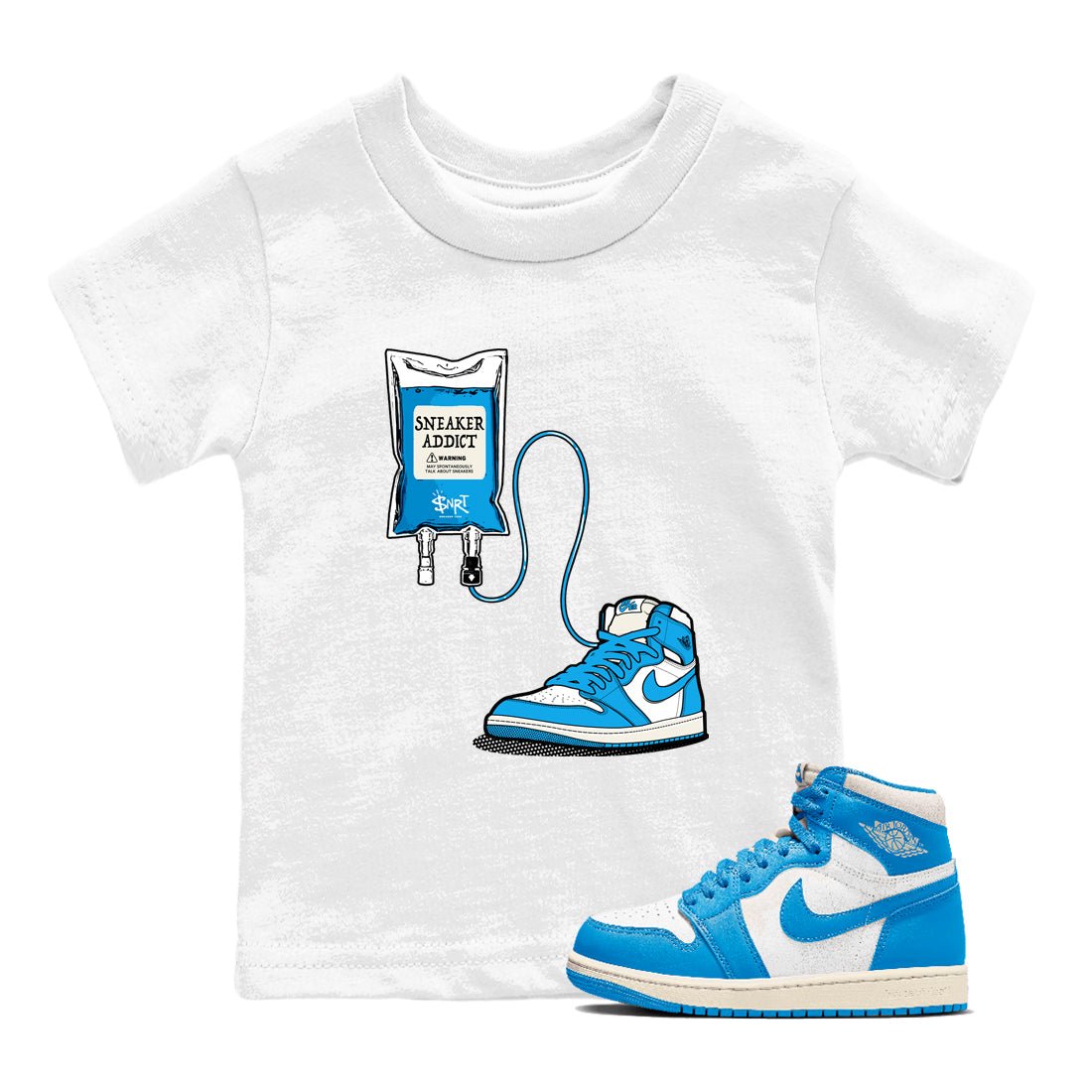 1s High OG UNC Reimagined shirts to match jordans Sneaker Therapy graphic tees Air Jordan 1 UNC Reimagined match shoes to clothes SNRT Sneaker Tees Youth Baby White 1 tee