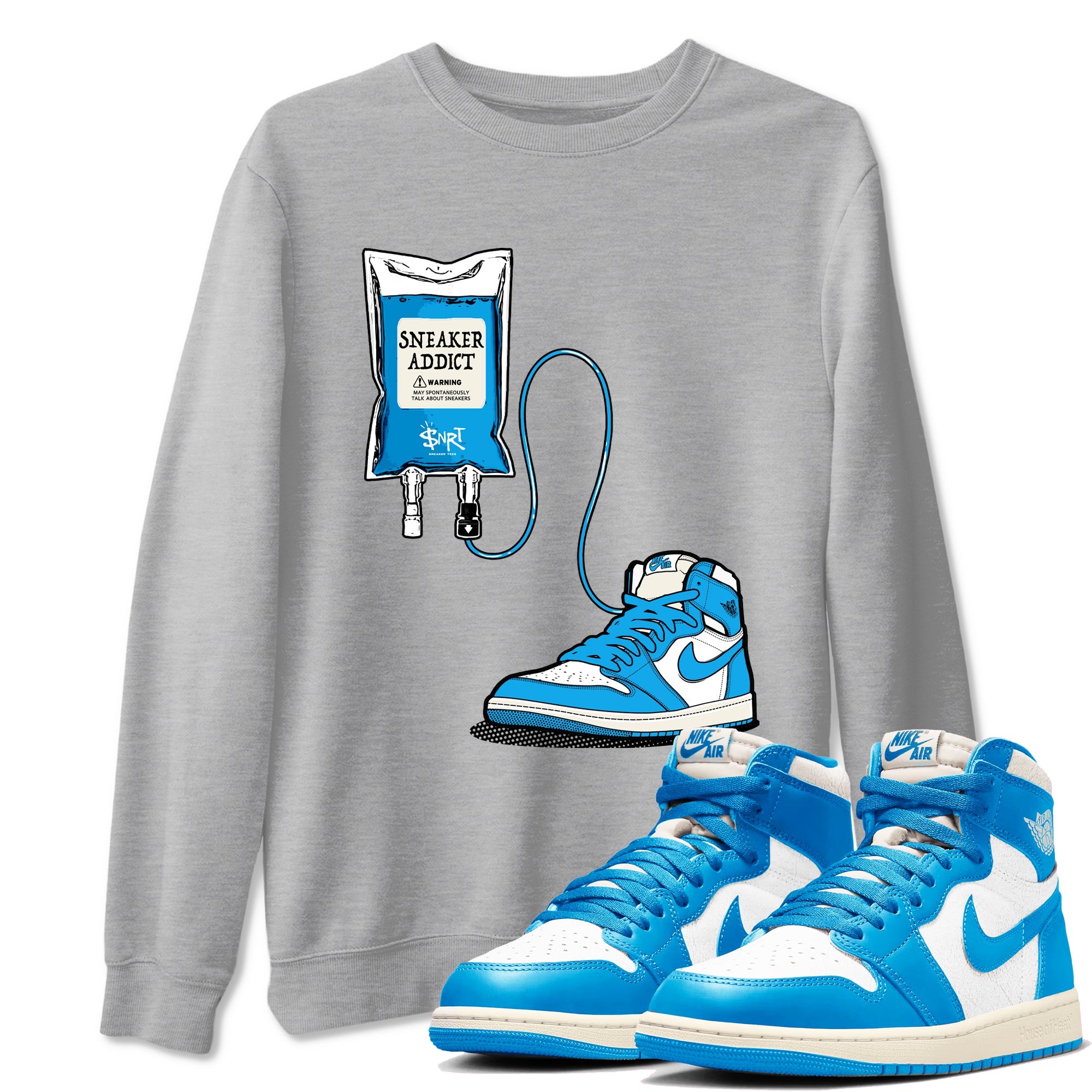1s High OG UNC Reimagined shirts to match jordans Sneaker Therapy graphic tees Air Jordan 1 UNC Reimagined match shoes to clothes SNRT Sneaker Tees unisex cotton Heather Grey 1 shirts
