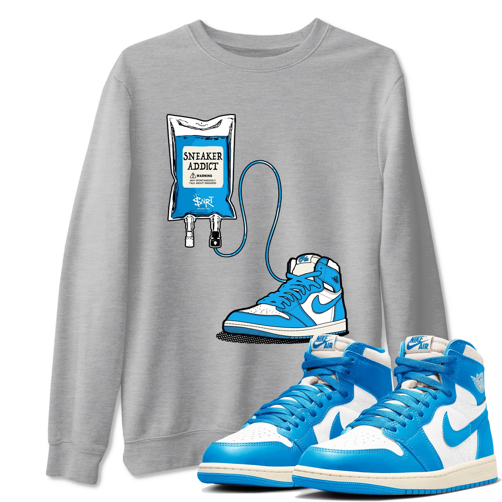 1s High OG UNC Reimagined shirts to match jordans Sneaker Therapy graphic tees Air Jordan 1 UNC Reimagined match shoes to clothes SNRT Sneaker Tees unisex cotton Heather Grey 1 shirts