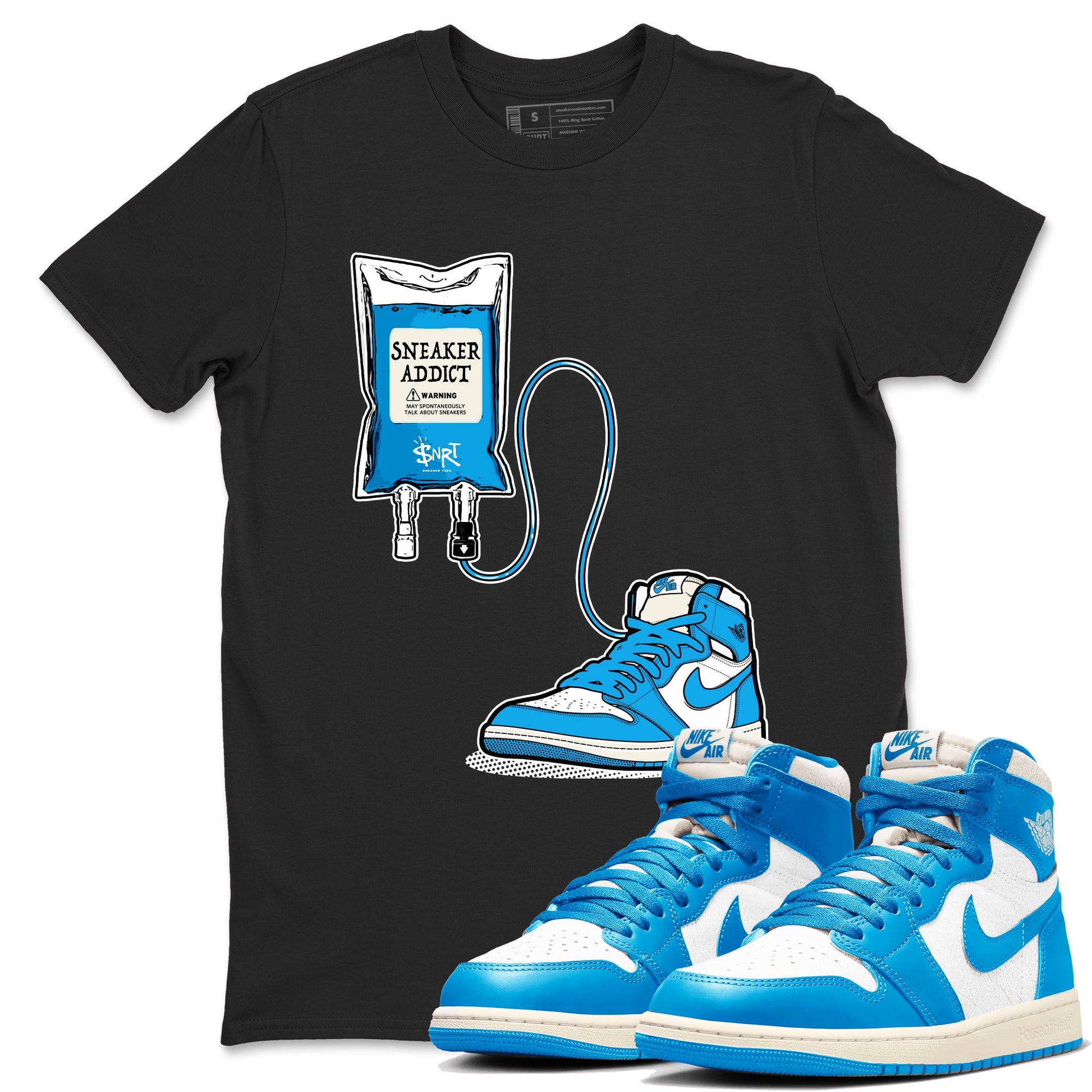 1s High OG UNC Reimagined shirts to match jordans Sneaker Therapy graphic tees Air Jordan 1 UNC Reimagined match shoes to clothes SNRT Sneaker Tees unisex cotton Black 1 shirts