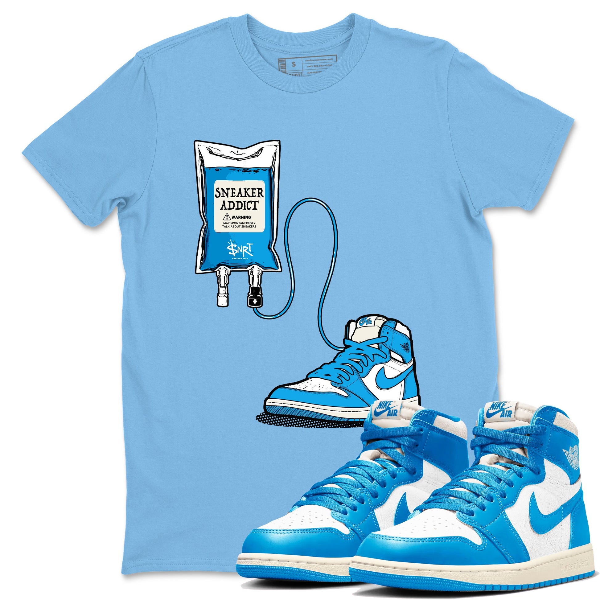 1s High OG UNC Reimagined shirts to match jordans Sneaker Therapy graphic tees Air Jordan 1 UNC Reimagined match shoes to clothes SNRT Sneaker Tees unisex cotton Carolina Blue 1 shirts