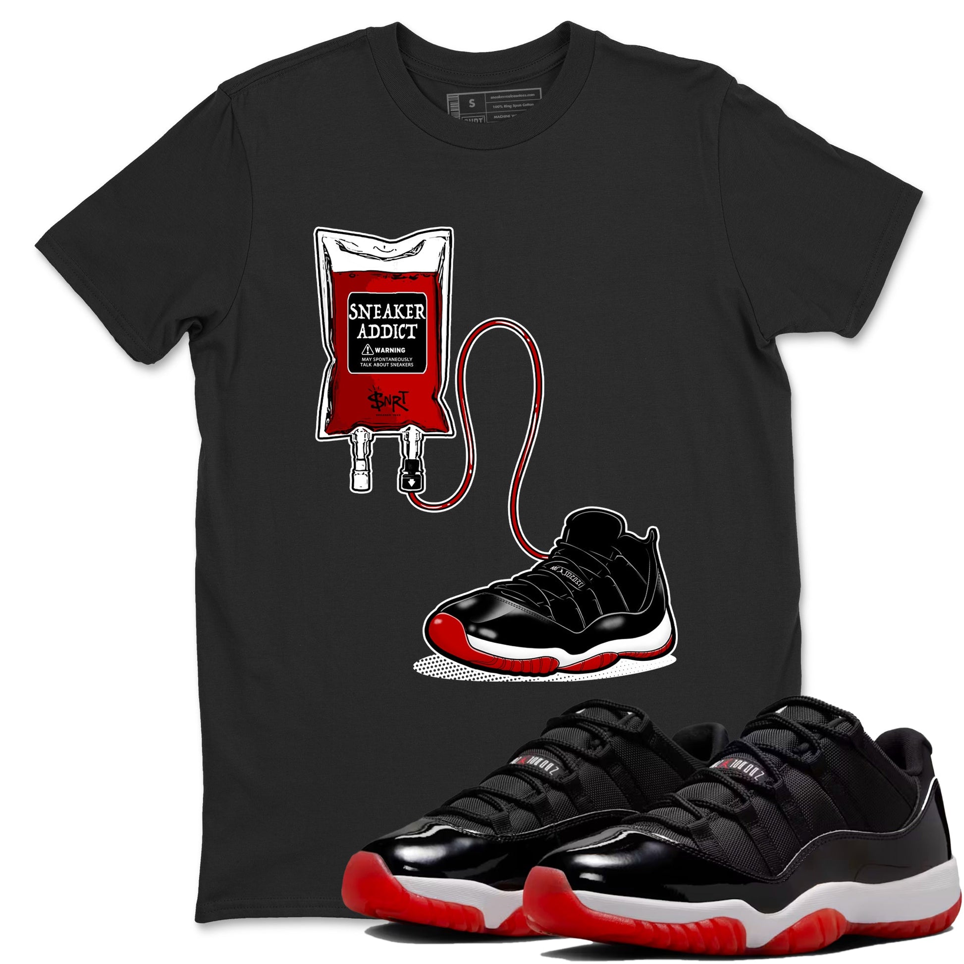 Air Jordan 11 Low Bred sneaker match tee Sneaker Therapy sneaker match tees Air Jordan 11 Bred best t-shirts to match jordans SNRT Sneaker Tees unisex cotton Black 1 shirts