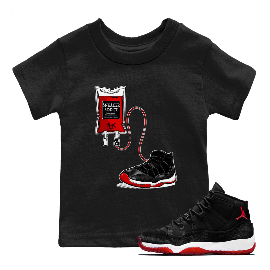 11s Bred Velvet shirts to match jordans Sneaker Therapy sneaker match tees Air Jordan 11 Bred Velvet SNRT Sneaker Release Tees Youth Baby Black 1 crew neck shirts