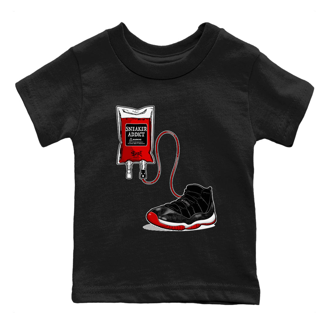 11s Bred Velvet shirts to match jordans Sneaker Therapy sneaker match tees Air Jordan 11 Bred Velvet SNRT Sneaker Release Tees Youth Baby Black 2 crew neck shirts