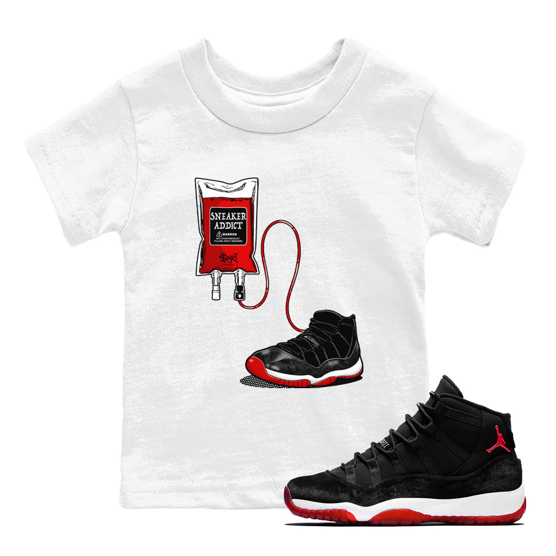 11s Bred Velvet shirts to match jordans Sneaker Therapy sneaker match tees Air Jordan 11 Bred Velvet SNRT Sneaker Release Tees Youth Baby White 1 crew neck shirts