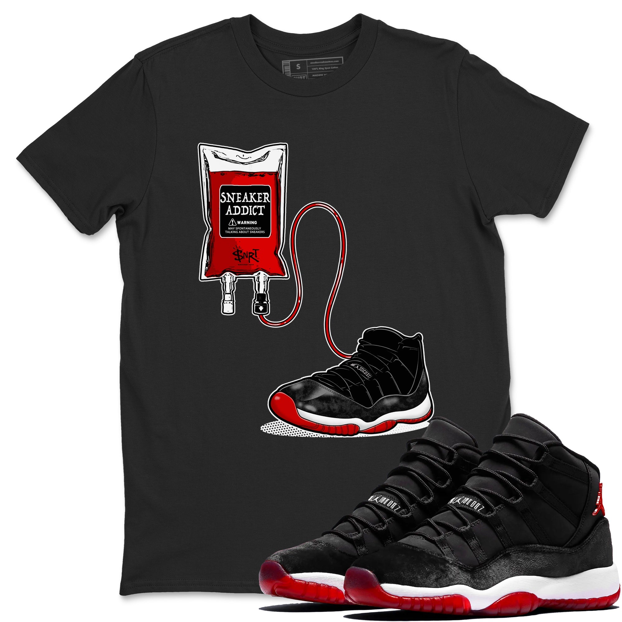 11s Bred Velvet shirts to match jordans Sneaker Therapy sneaker match tees Air Jordan 11 Bred Velvet SNRT Sneaker Release Tees unisex cotton Black 1 crew neck shirts