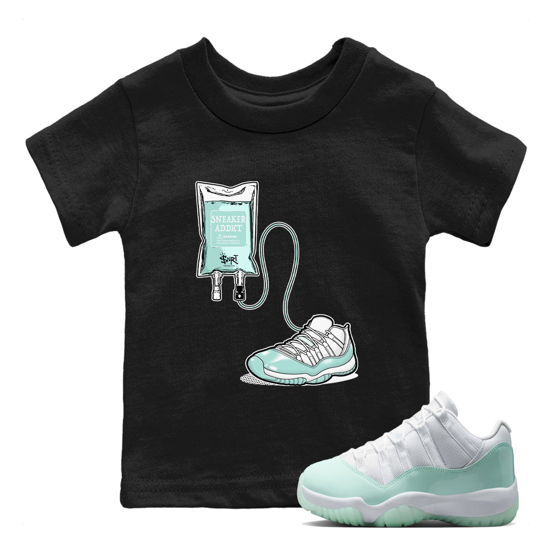 Sneaker Therapy baby and kids t-shirt crafted for little sneakerheads to shine with the Air Jordan 11 Igloo sneakers, displayed in Black 1.