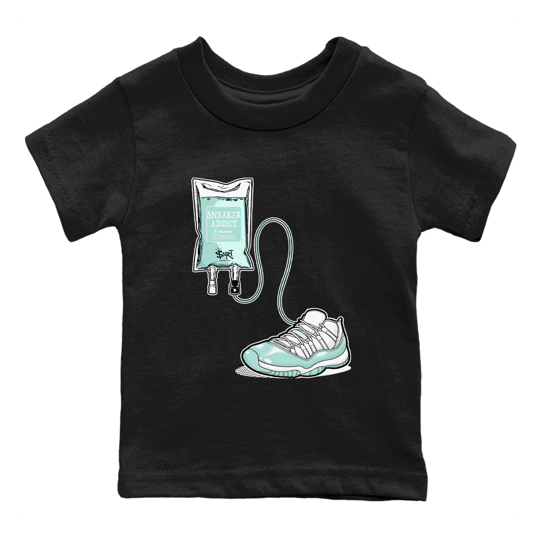 Sneaker Therapy baby and kids t-shirt crafted for little sneakerheads to shine with the Air Jordan 11 Igloo sneakers, displayed in Black 2.