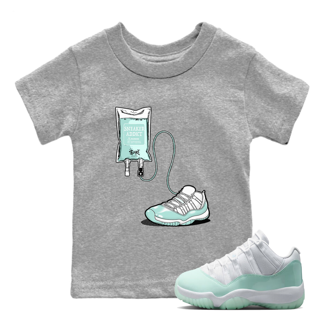 Sneaker Therapy baby and kids t-shirt crafted for little sneakerheads to shine with the Air Jordan 11 Igloo sneakers, displayed in Heather Grey 1.